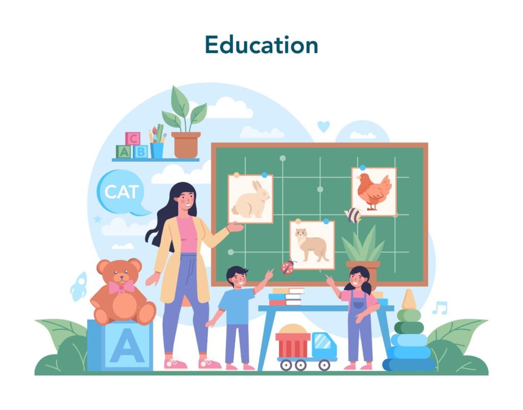 Drawing of a teacher teaching in school.