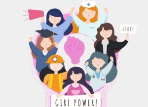 Cartoon representation of women from different organizations holding the banner of Girls' Power, representing women empowerment