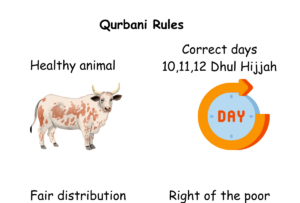 Infographic explaining the rules of Qurbani mentioned in Quran and Sunnah.