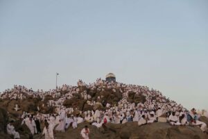 Pilgrims on a mount on the Day of Arafah.